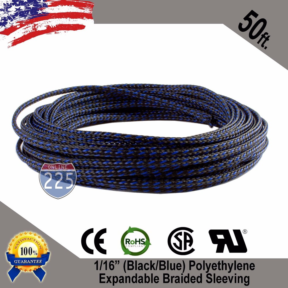 50 FT. 1/16″ Black Blue Expandable Wire Sleeving Sheathing Braided Loom Tubing