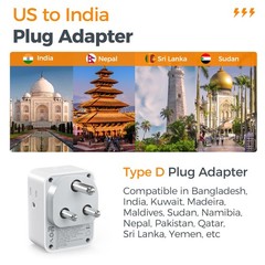 TESSAN US to India Plug Adapter 2 Pack Type D Travel Adapter 4 Outlets