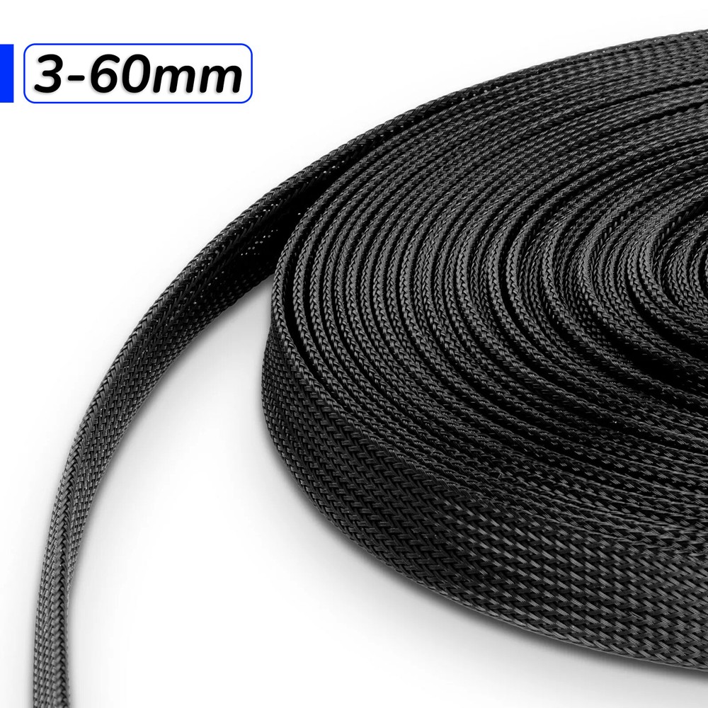 Black PET Expandable Wire Cable Sleeving Sheathing Braided Loom Tubing 1/8″ – 2″