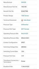 Dwyer 1823-80 Low Differential Pressure Switch《NIB》Priced To Sell 15A@120-480VAC
