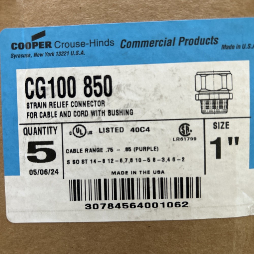 Crouse-Hinds CG100-850, 1″, 0.75 to 0.85″ Cord, Steel, Cord Grip Connector, 5 pc