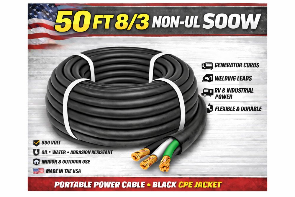 8/3 SOOW Portable Cord 50FT 600V Non UL Black Flexible Cable USA Made