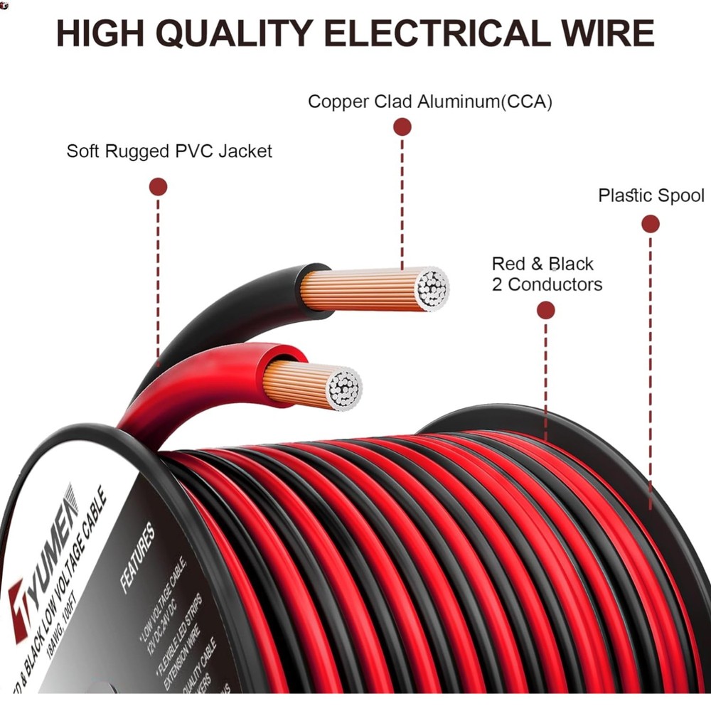 40FT 18 Gauge 2pin 2 Color Red Black Cable Hookup Electrical Wire LED Strips …
