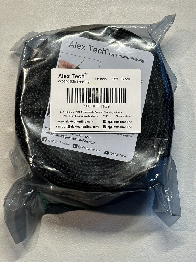 25ft – 1.5 inch PET Expandable Braided 1-1/2″ Sleeving – Black – Alex Tech B6