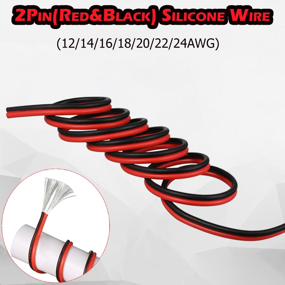2 Pin Extension Wire Cord 12-24AWG Black&Red Soft Silicone Electrical cable line