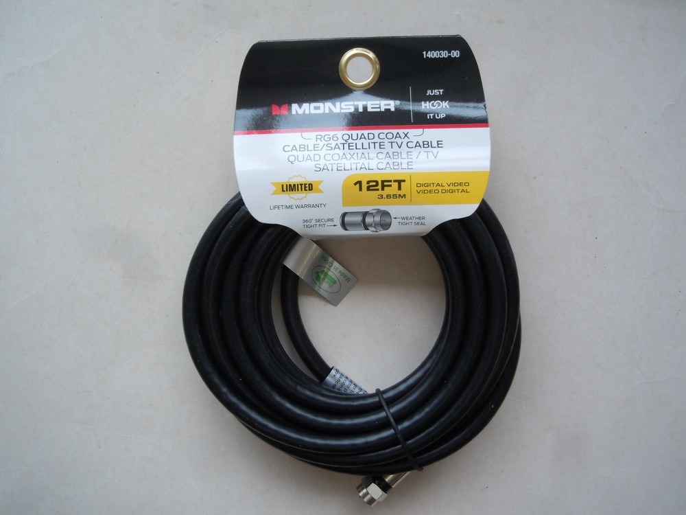 Monster 140030-00 RG6 Video Quad Coaxial Cable, 12′, Black