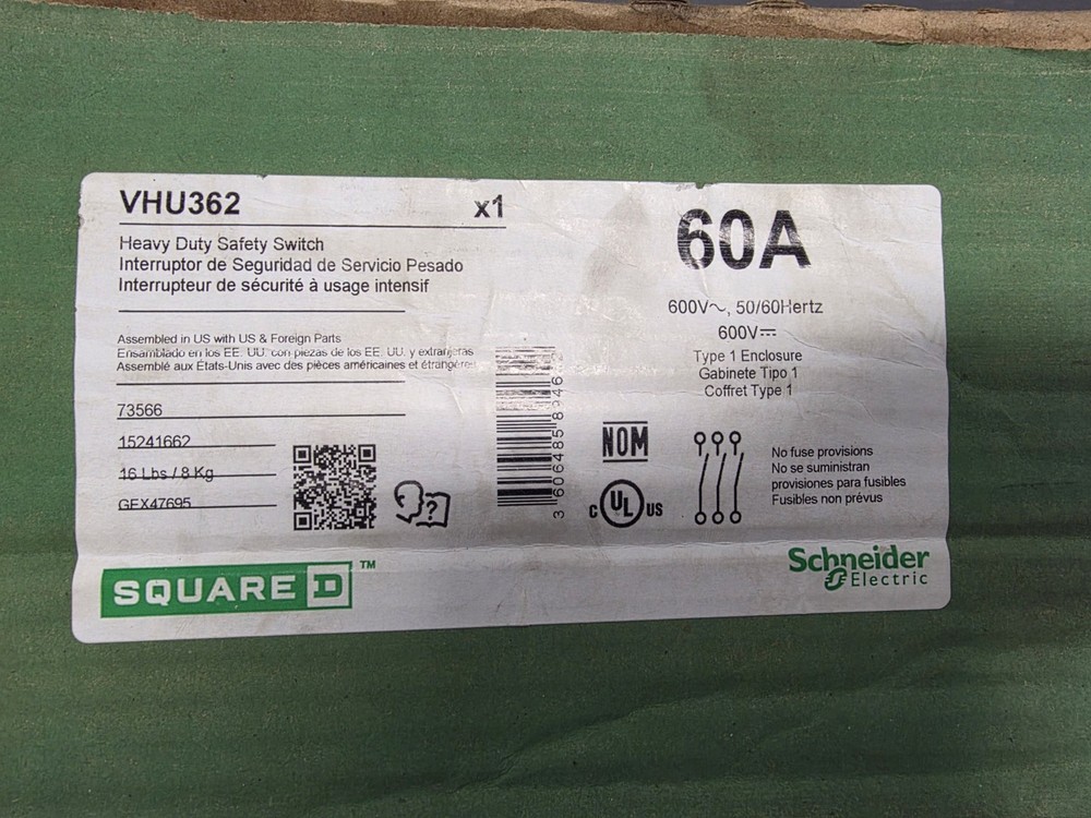 NIB – Square D – VHU362 – Heavy-Duty, Unfused Safety Switch , Viewing Window And
