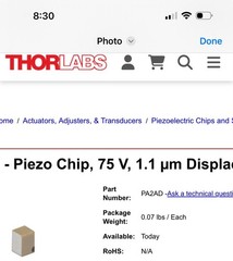 Thorlabs 0.9X0.9X1.5mm 75V piezo chip W362122