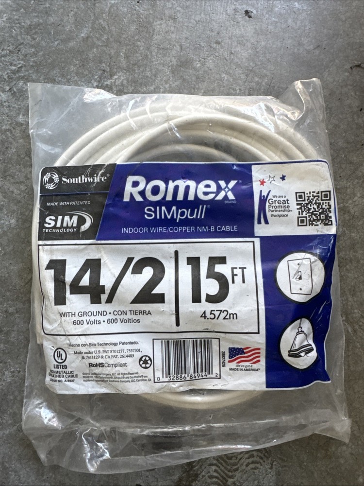 NEW Southwire Romex SimPull 15 ft. 14/2 Indoor Wire/Copper NM-B Cable