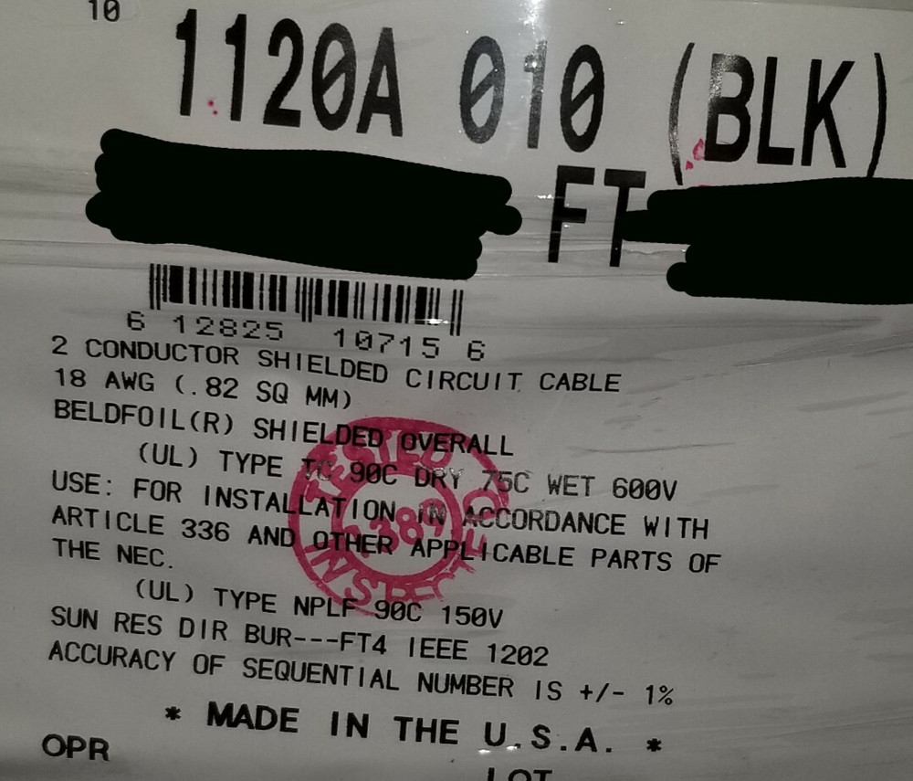 Belden 1120A 18/1P Shielded Twist Pair Direct Burial Tray Cable Wire TC NPLF