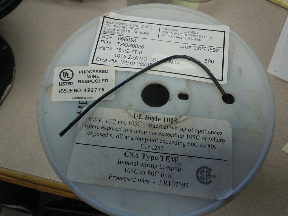 Black Hook-Up & Lead Wire PVC Wire UL 1015. 500′ 22AWG 7 ST