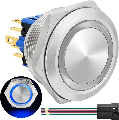 30mm Latching Push Button Switch Big Head Blue DPDT Waterproof IP67 Blue