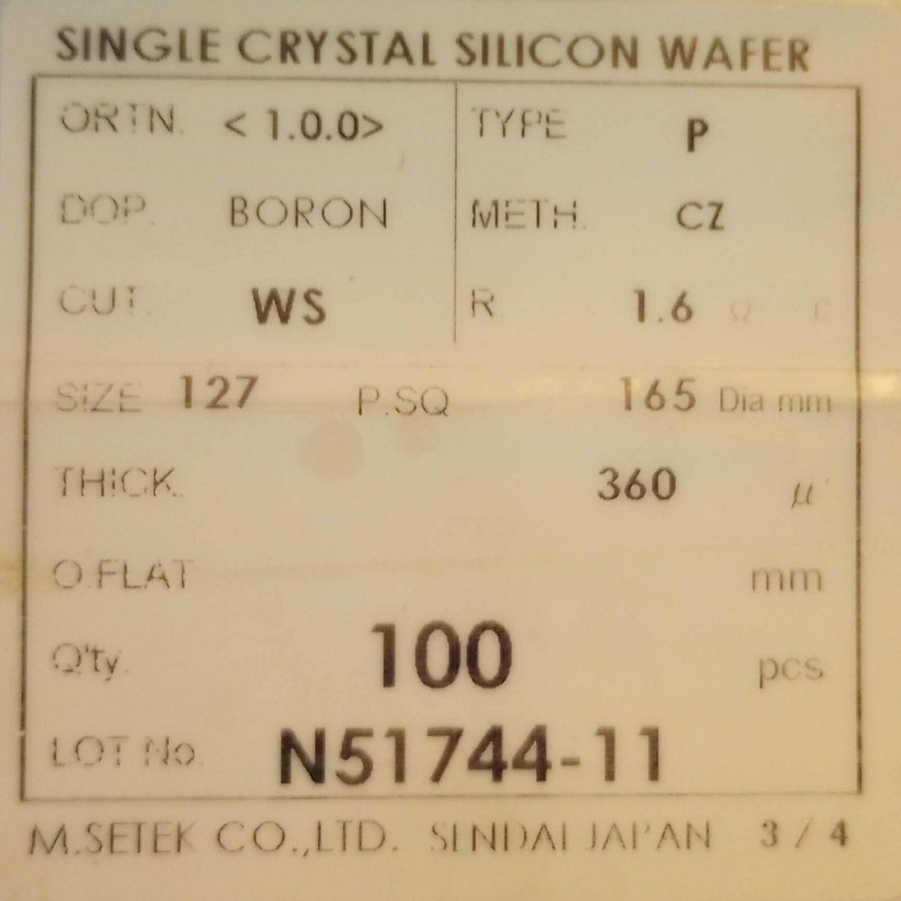 Single Crystal Silicon Wafer 127mm – 5″ – 360um – Qty100