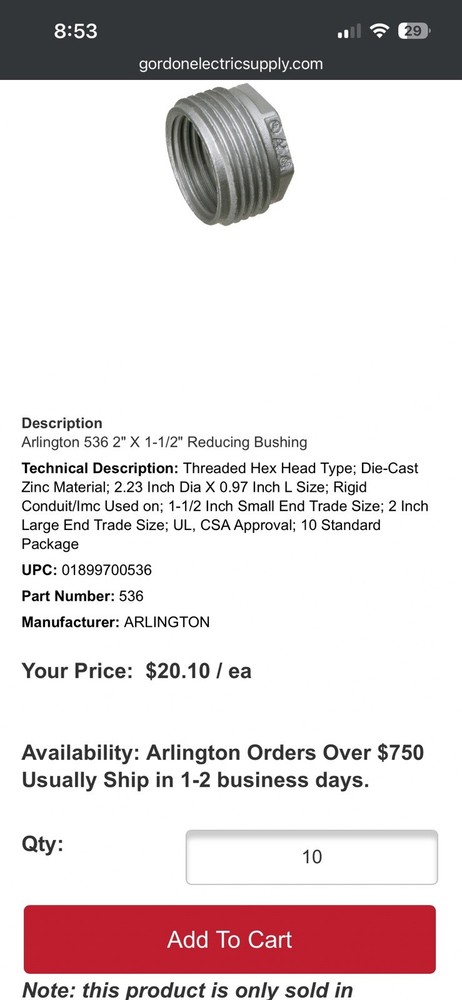 Arlington Reducing Bushings Zinc Die Cast 2 x 1 1/2 Cat. No. 536 Lot of 10 New !