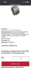 Arlington Reducing Bushings Zinc Die Cast 2 x 1 1/2 Cat. No. 536 Lot of 10 New !