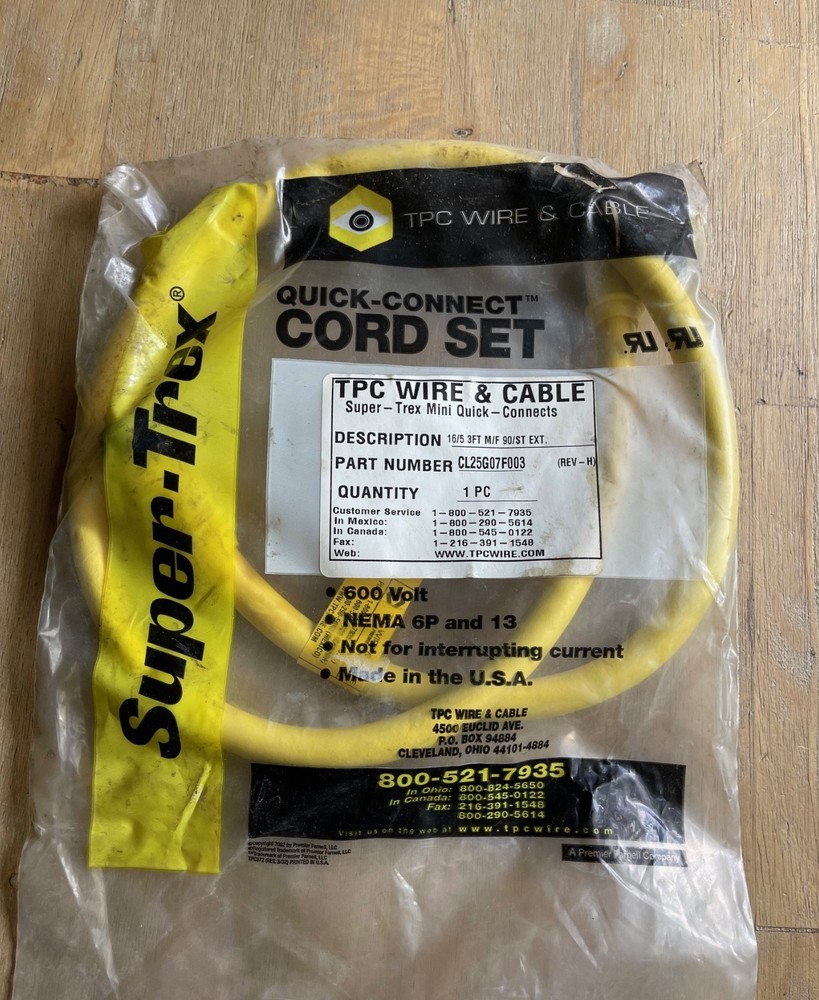 TPC SUPER-TREX CL25G07F003 QUICK-CONNECT CORDSET 16/5 3′ M/F 90/ST EXT NEW