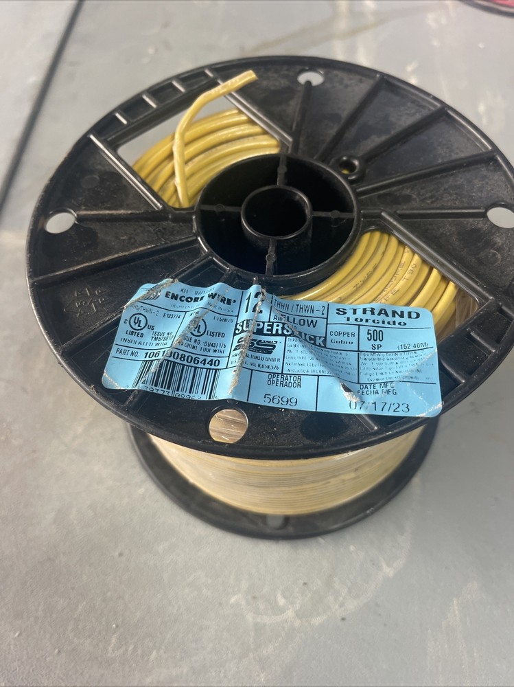 12 AWG Copper Solid Wire 500′ FT Roll THHN/THWN 600 Volt UL Listed -YELLOW