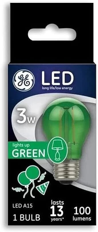 3W Green LED 100 Lumens Party Light Bulb A15 GE Lighting 93116856 Pack of One