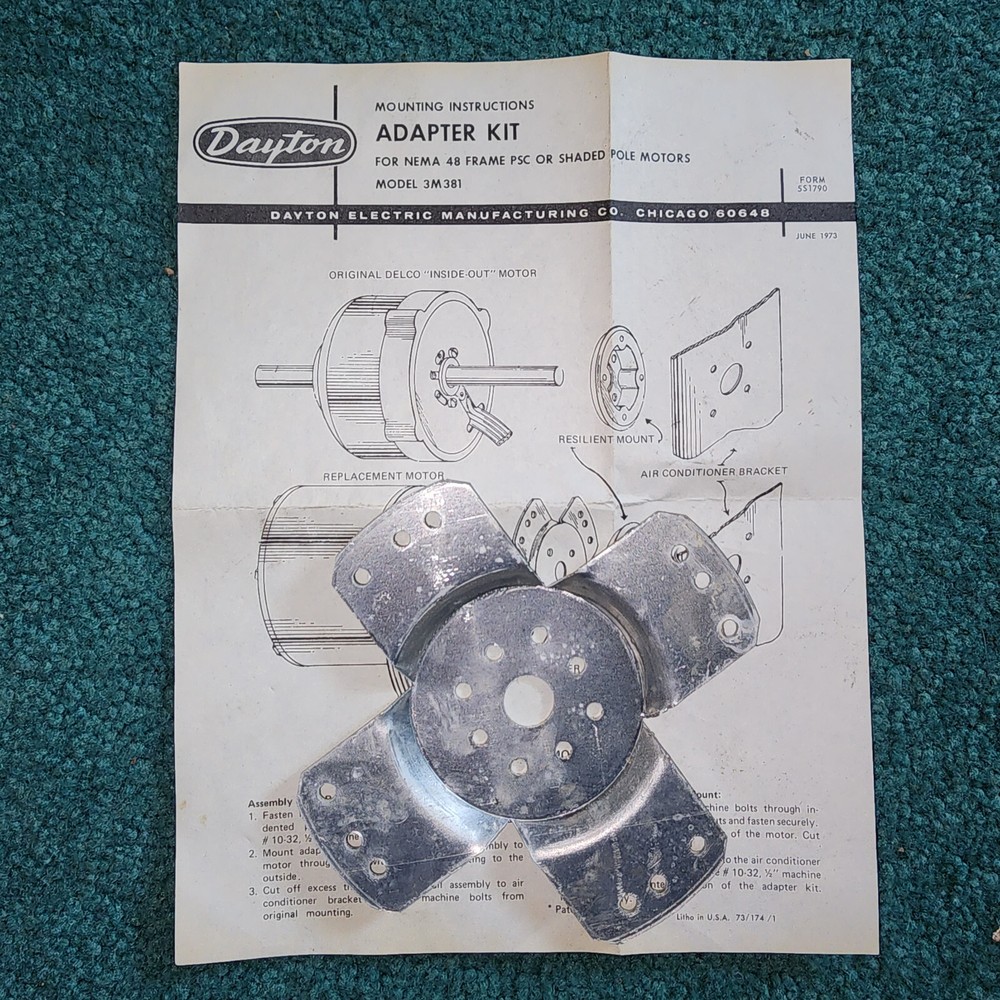 Dayton Adapter Kit 3M381 convert delco inside out motor to newa 48 frame