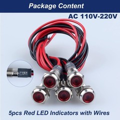 5 Pcs 6mm 110V 220VAC Metal LED Indicator Light, 1/4 Moun Color: Red Size: 6mm