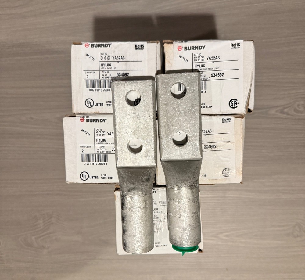 10PC BURNDY YA32A3 ALUM. COMPRESSION LUGS, 2 HOLE 400 KCMIL GREEN DIE,5 BOX(NIB)