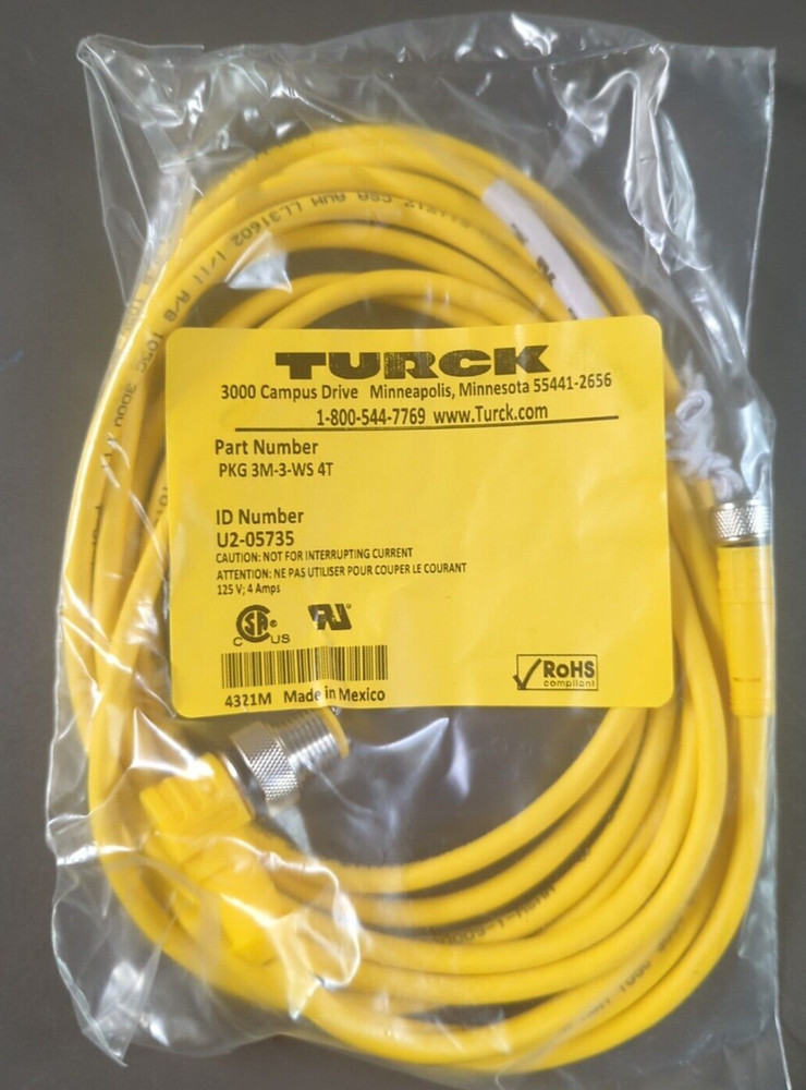 TURCK PKG 3M-3-WS 4T ANGLED M12 MALE TO M8 FEMALE; 3meter 125V 4A; 3 conductors