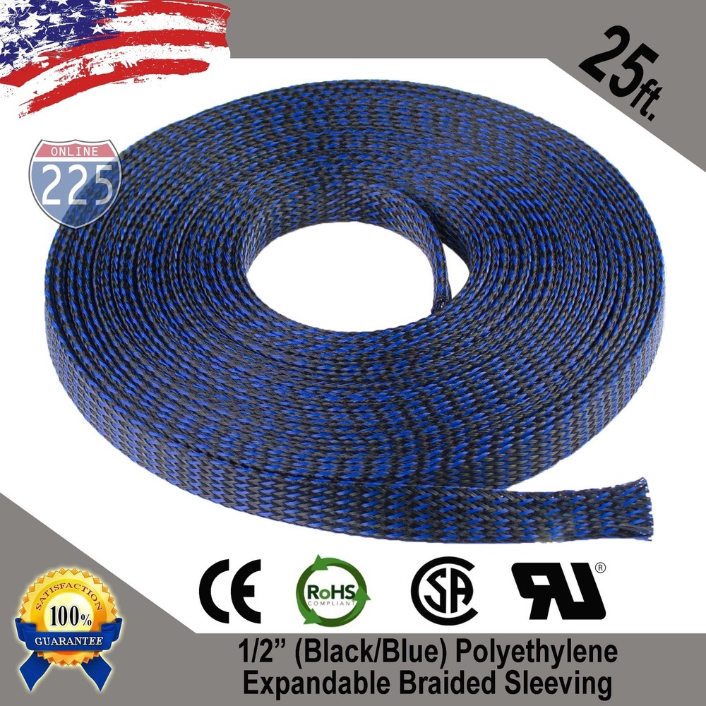 25 FT 1/2″ Black Blue Expandable Wire Sleeving Sheathing Braided Loom Tubing US