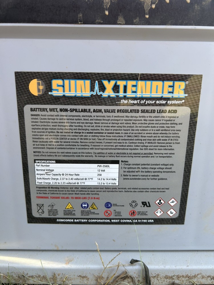 Concorde Sun Xtender PVX-2580L, a 12V 258Ah deep cycle AGM battery