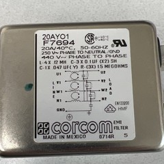 CORCOM 20AY01/F7694 EMI POWER LINE FILTER 20A, 50-60HZ, 120-250 VAC, .12 mH