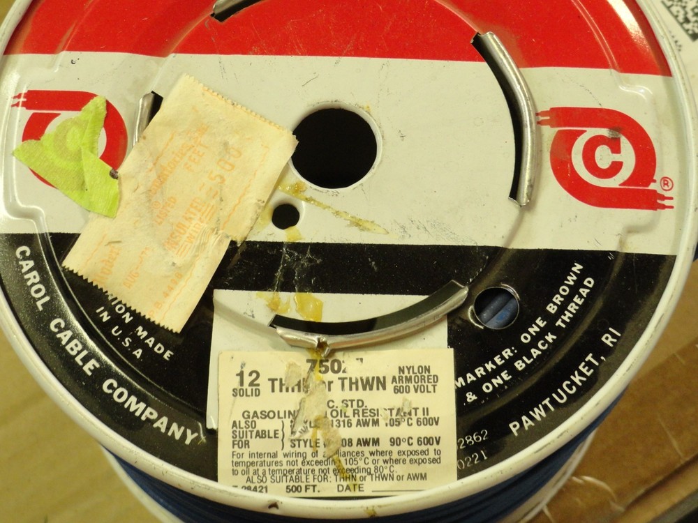 12 -SOLID 500 FT. N.E.C. STD. THHN or THWN 600 VOLT BLU BUILDING WIRE FULL SPOOL