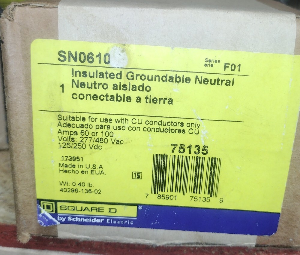 Square D SN0610 F01 Insulated Groundable Neutral 60/100A 240/600V 75135 Kit