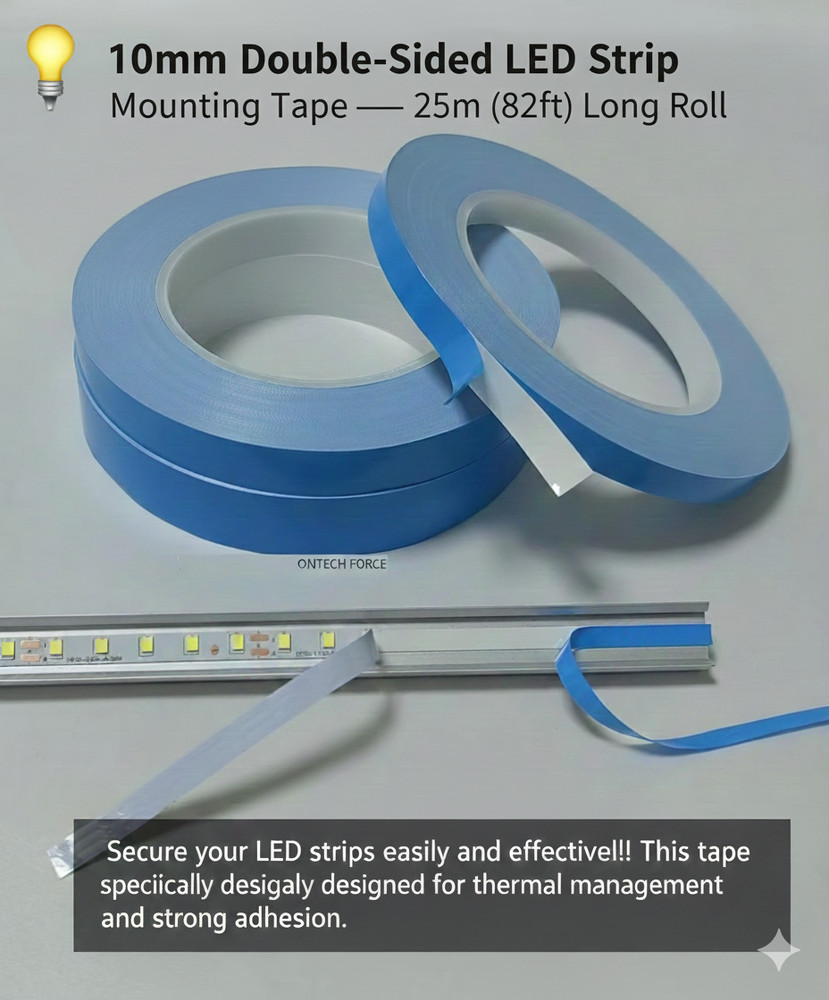 LED Backlight Mounting Tape – 10mm Double-Sided Adhesive, 25m/82ft for TV & LED