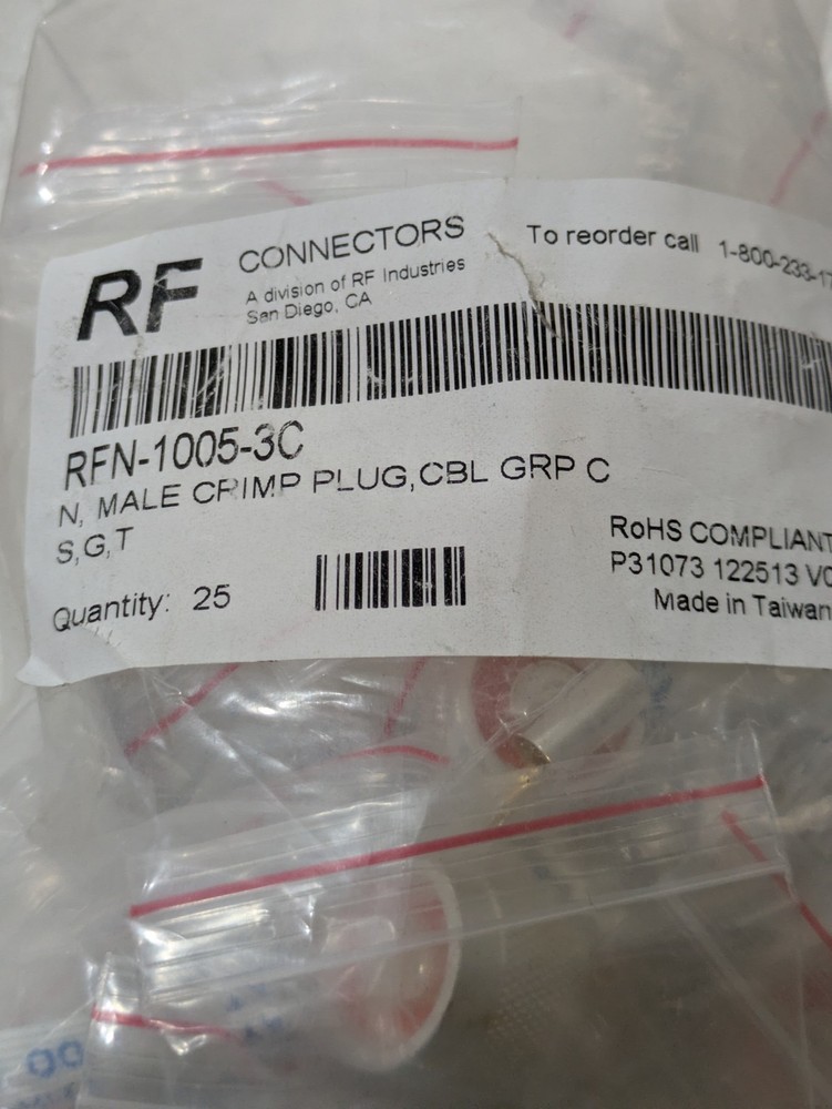 RF Industries RFN-1005-3C N Male Crimp Plug RG-58 Cable Group C Coax