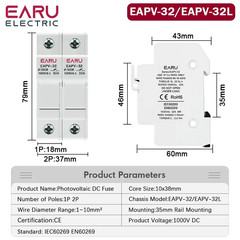 1P 2P Parallel Din Rail DC Fuse Holder 10*38Mm High Voltage Solar PV 1000V Base