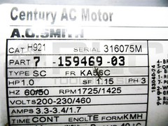 A.O. SMITH 7-159469-03 CENTURY AC MOTOR 1HP 1725RPM FR: KA56C H921