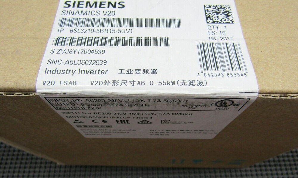 Siemens 6SL3210-5BB15-5UV1 V20 200/240V 7.7A 50/60HZ Industry Inverter