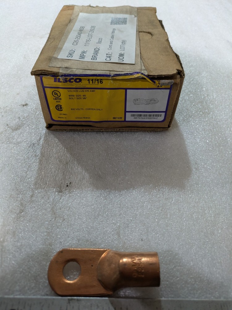ILSCO 11/16 SOLDER LUG 225 AMP 600 VOLTS COPPER (BOX OF 23)