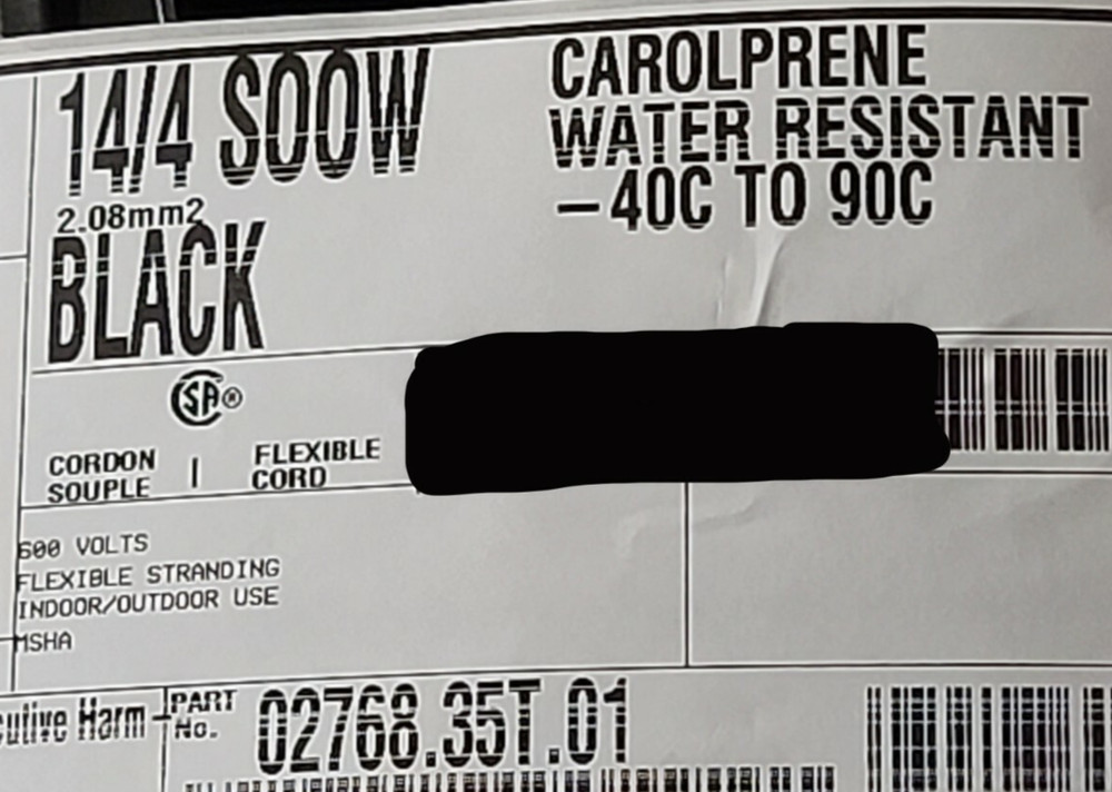 NEW Carol 02768 14/4C Carolprene SOOW 600V 90C Portable Power Cable Cord Black