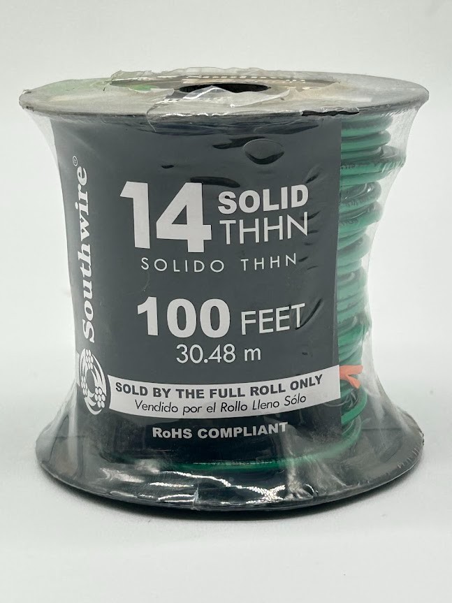 Southwire 600v Green THHN 14 Gauge Solid Wire, 100′ Single Wire Spool New