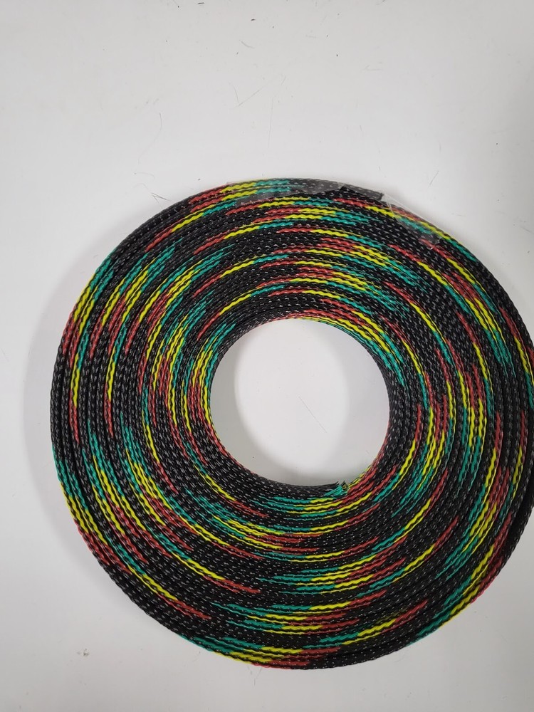 25 FT 1/2″ BLACK WITH RED YELLOW GREEN STRIPE PET EXPANDO SLEEVING BRAID