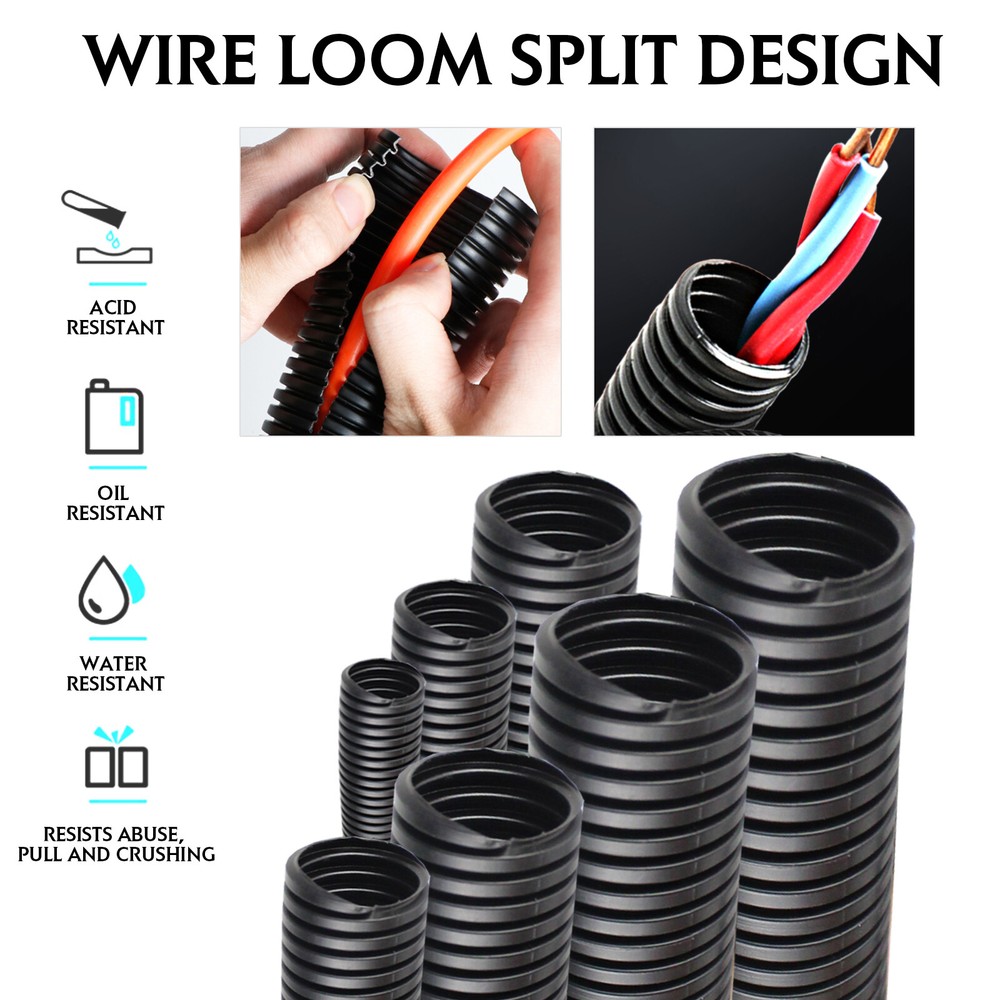 White Split Wire Loom Tubing Black Corrugated Protector Cord Auto/Home Industry