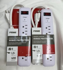 2x NEW Prime PB802013 White 6-Outlet Surge Protector 400 Joules, 1.5′ Power Cord