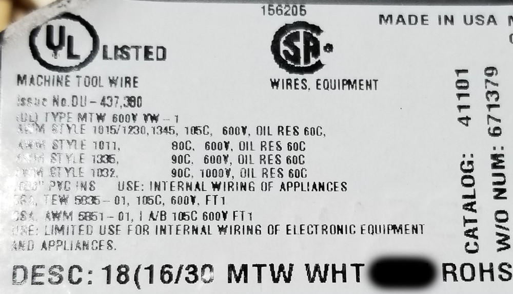 Southwire #18awg Stranded Bare Copper UL-1015/1230/1032 Hook-Up Wire White/100ft