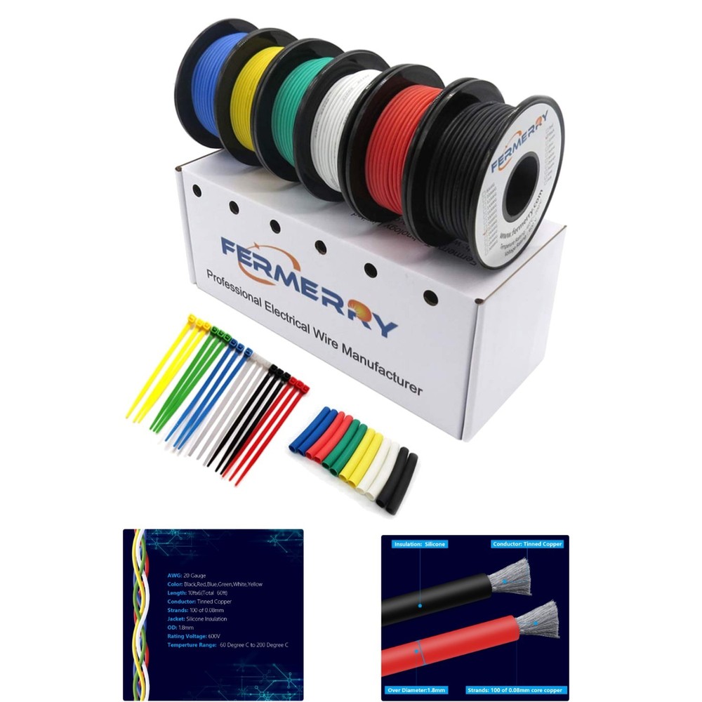 Flexible 20 AWG Silicone Hook-Up Wire – 10ft Spools in 6 Colors with Insulation