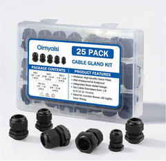 25 Pack Cable Gland Kit IP68 Waterproof Nylon PG7-PG16 Black