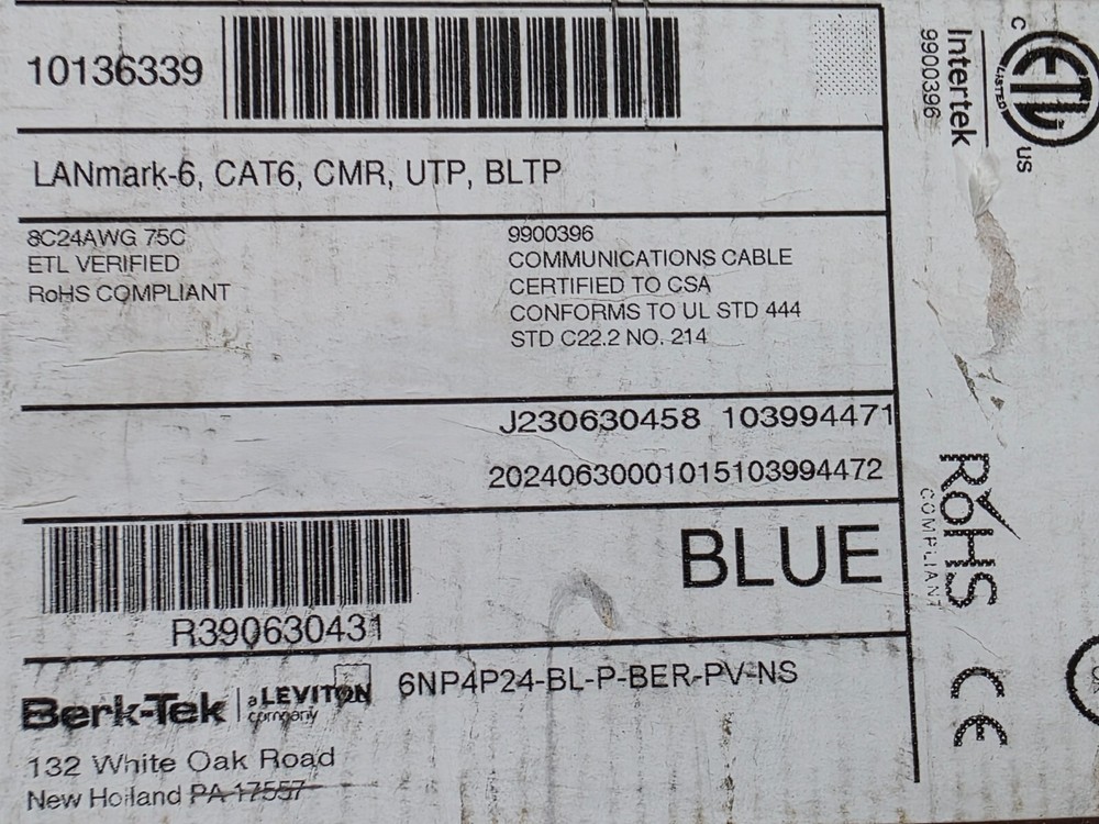 Leviton Berk-Tek 10136339 24/4P LANmark 6 Cat6 UTP Network Cable CMR Blue /100ft