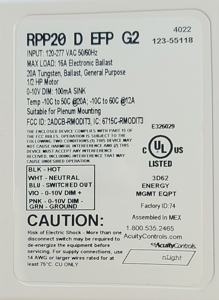 Acuity Controls nLight RPP20 D EFP G2 Power/Relay Pack