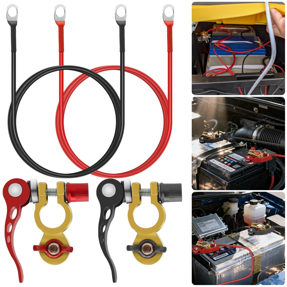 2 PCS Heavy-Duty 10AWG Car Battery Cable Kit 3/8″ Ring Lugs for RV Marine Solar