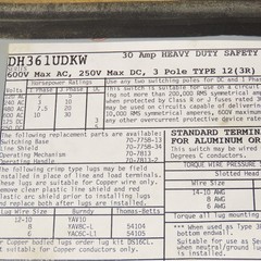 Cutler Hammer DH361UDKW 30A 600VAC 250VDC 3 Pole Non Fused Safety Disconnect