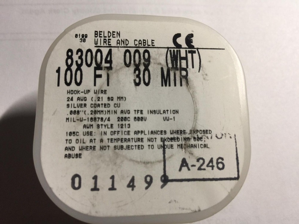 BELDEN 24 AWG stranded silver plated copper conductor, TFE insulation 100ft WHT